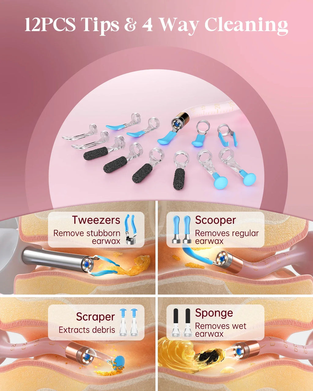 [Pink Color] Bebird EarSight Plus I35R Visual Earpick Ear Cleaner Bendable & Affordable All-in-1 Ear Rod Earwax Removal Kits